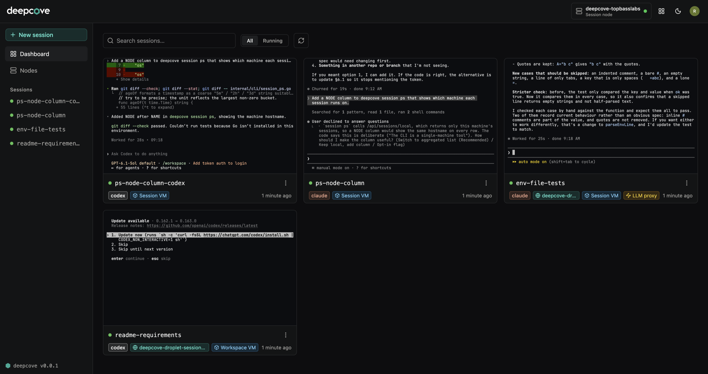 The deepcove dashboard with Claude Code and Codex sessions on two machines