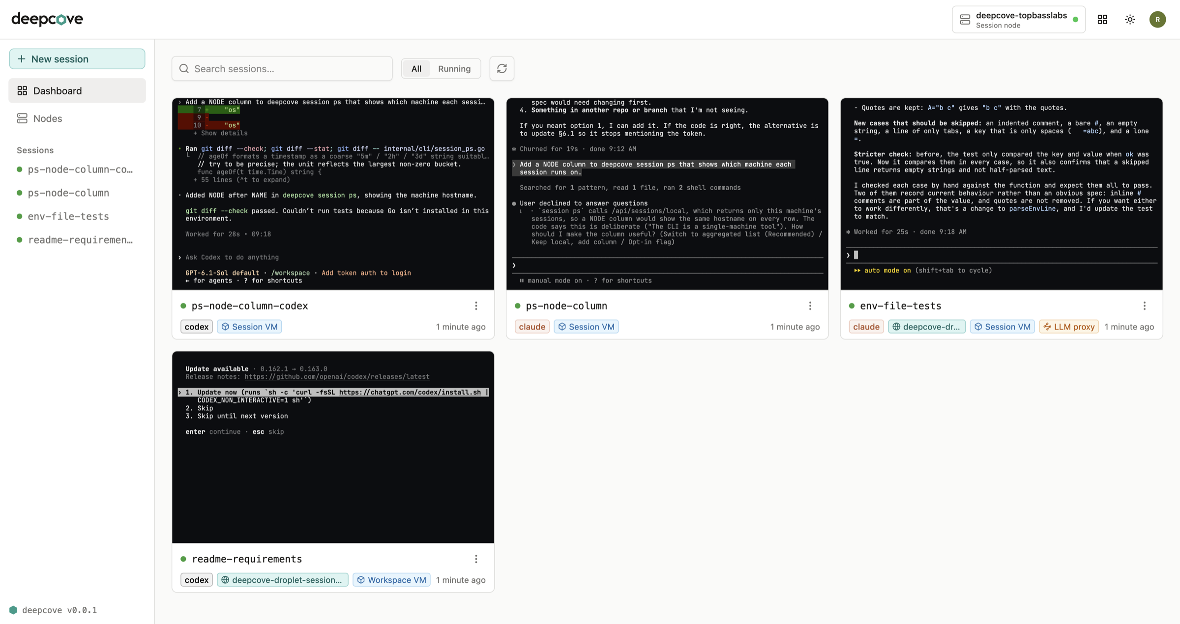 The deepcove dashboard with Claude Code and Codex sessions on two machines